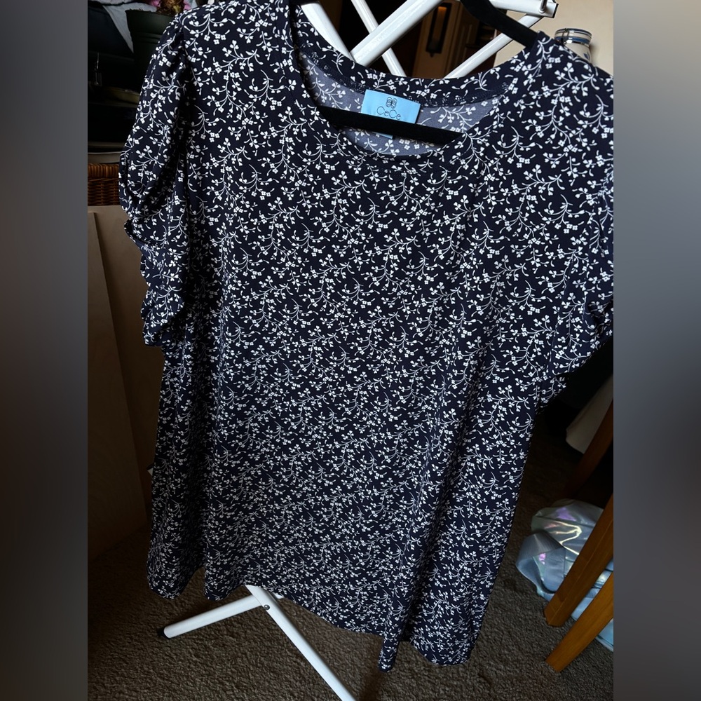 CeCe Navy and White Floral Blouse